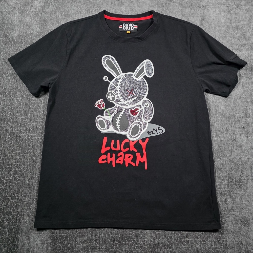 Lucky Charm Embroidered T Shirt Mens Large L Black Voodoo Bunny Rhinestone Rap